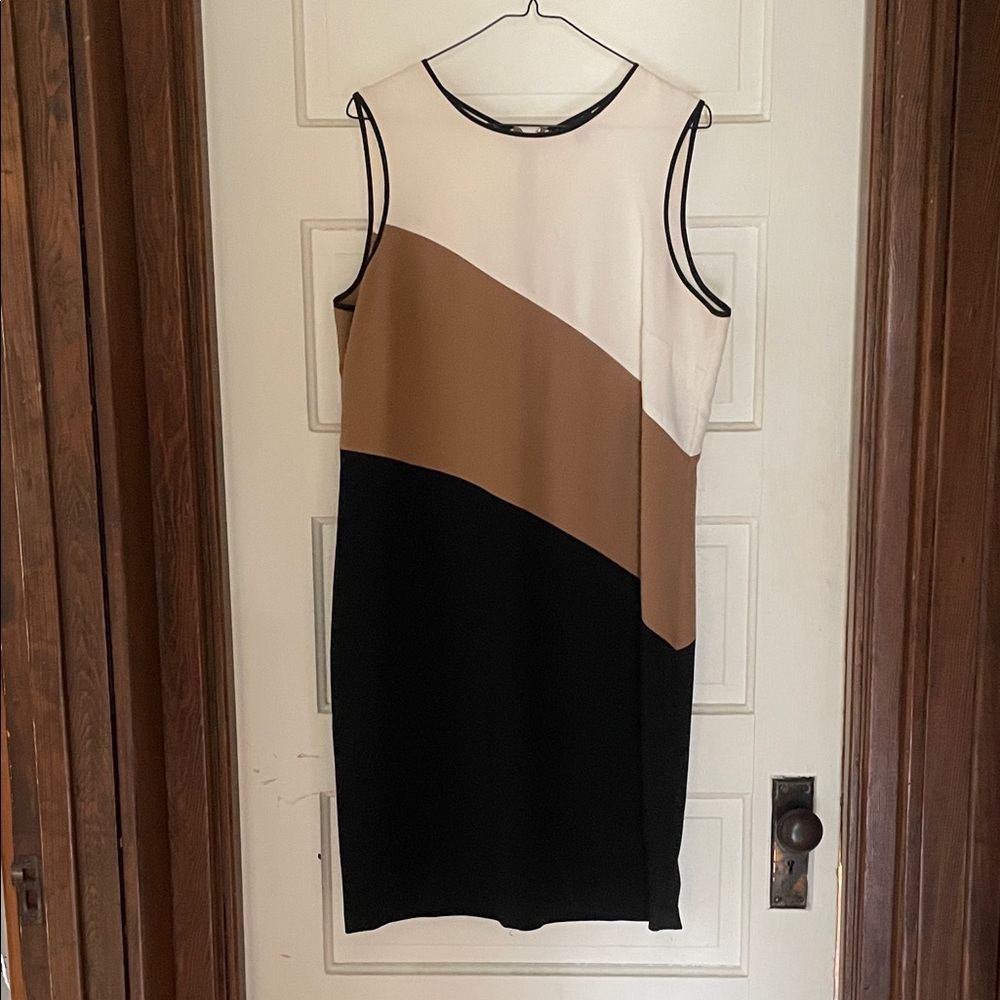 Ann Taylor Sleeveless Colorblock Midi Dress in White, Tan, and Black